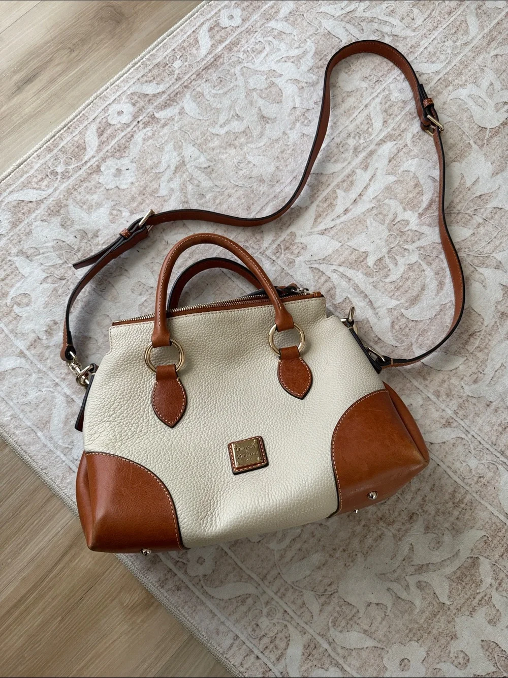 Dooney & Bourke Cream and Brown Pebbled Leather Satchel